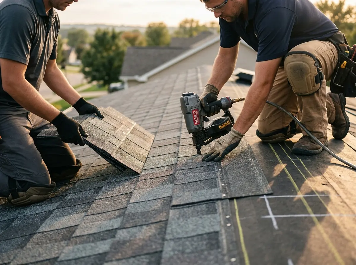 Professional roofer working on a residential roof in New Smyrna Beach